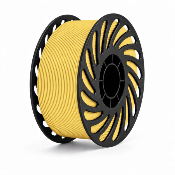 PLA Silk High Tough Silk Golden filament on a black spool, white studio background