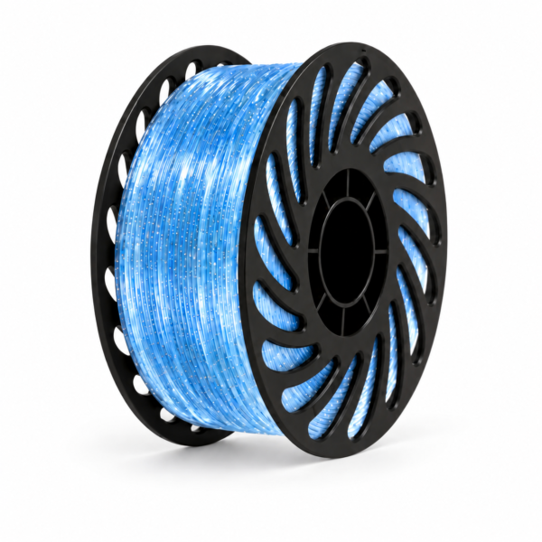 Ice blue transparent sparkle PETG filament on a black spool, white background