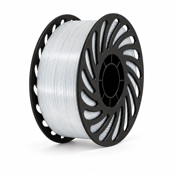 Uncoloured transparent PETG filament on a black spool, white background